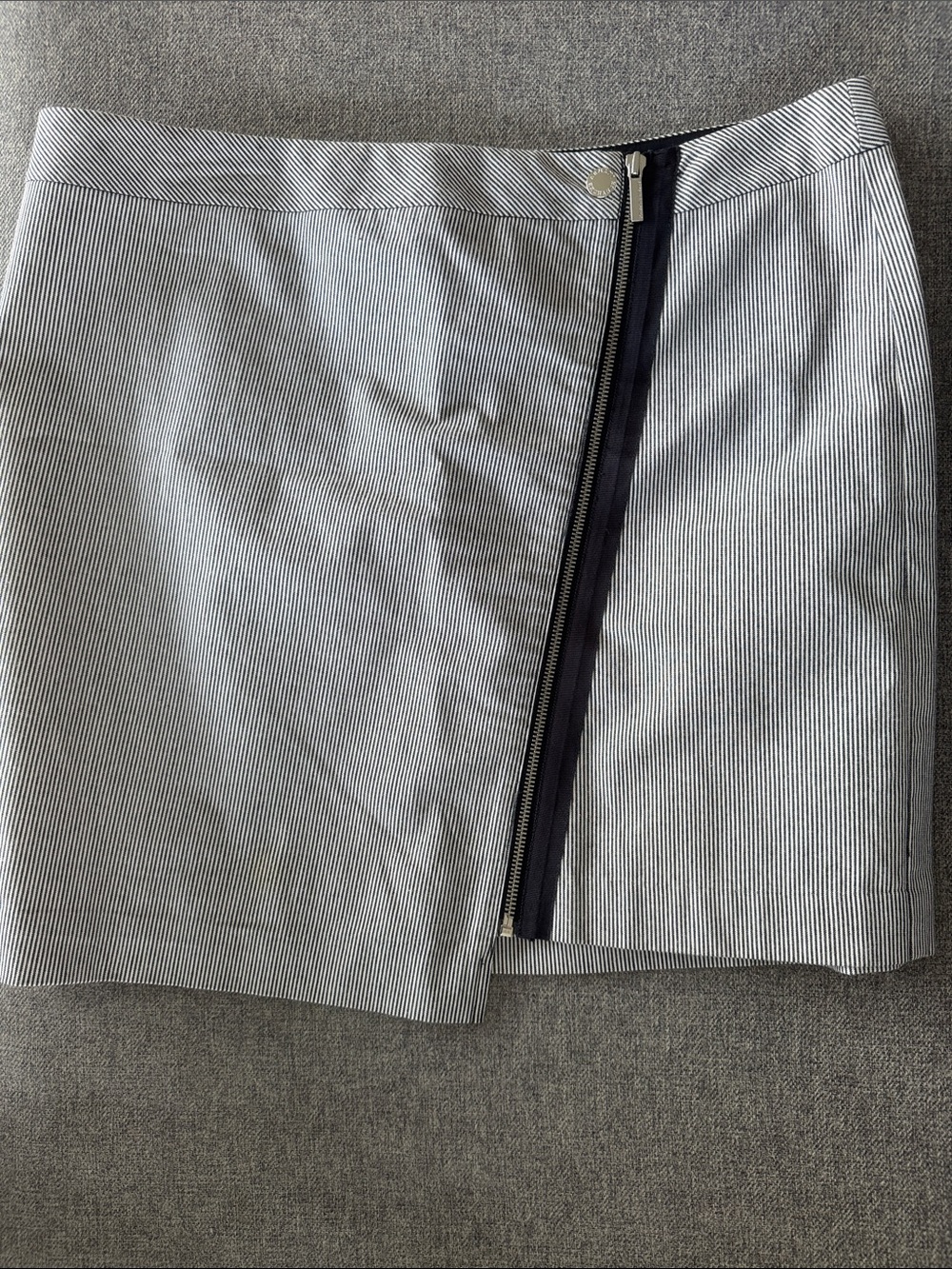 Armani Exchange Navy and White Pinstripe Mini Skirt with Exposed Zip